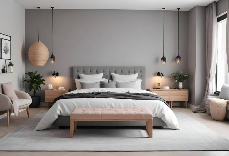 Stylish Bedroom Interior with Large Comfortable Bed and Elegant Ottoman  Modern Design