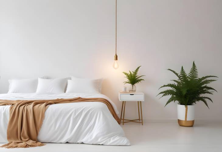 Stylish Bedroom with Rope Hung Bulb Lamp, White Bedding, Books, and Gold Fern Leaf on End Table