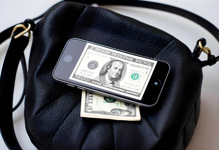 Stylish Black Leather Crossbody Bag with Smartphone and Dollars on Pouf