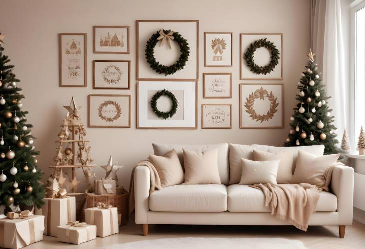 Stylish Christmas Living Room with Beige Sofa, Mockup Frames, Wreath, and Design Chair