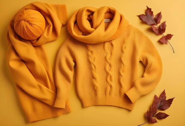 Stylish Fall Outfit Knitted Orange Sweater and Scarf on Yellow Background