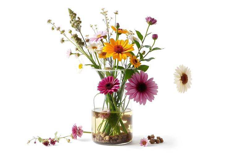 Stylish Flowers and Plants in Glass Flask Isolated on White Background