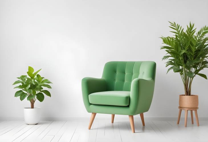 Stylish Green Armchair with a Small Plant Isolated on a Bright White Background