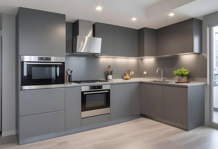 Stylish Grey Modern Kitchen with Stainless Steel Appliances in a High End Luxury Apartment