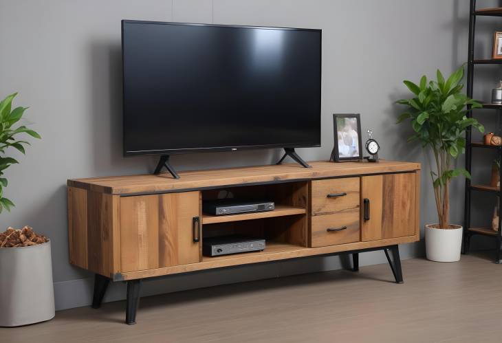 Stylish Industrial Wooden TV Cabinet with Metal Details and Contemporary Design