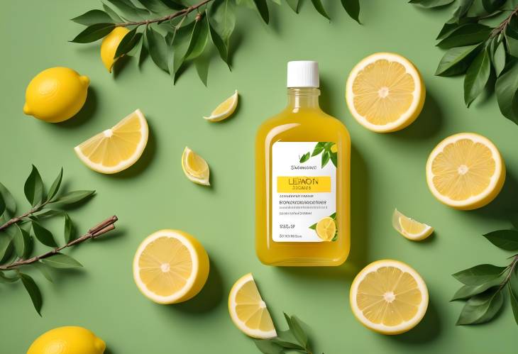 Stylish Lemon Extract Cosmetic Mockup Yellow Bottle, Fresh Lemons, and Dry Twigs on Green