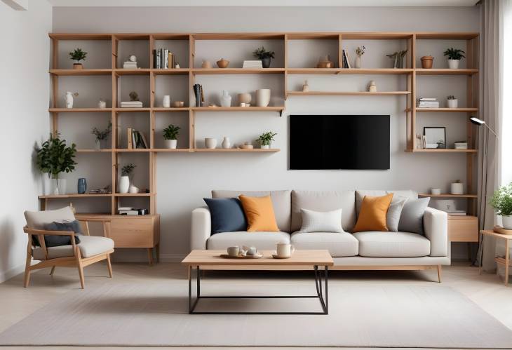 Stylish Light Living Room with Cozy Couch, Coffee Table, and Modern Shelving Unit