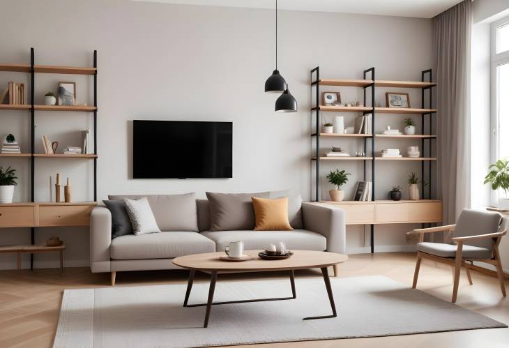 Stylish Light Living Room with Cozy Couch, Coffee Table, and Modern Shelving Unit