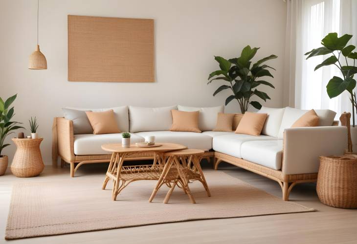 Stylish Light Living Room with Sofas, Rattan Table, and Soft Carpet for Cozy Vibes