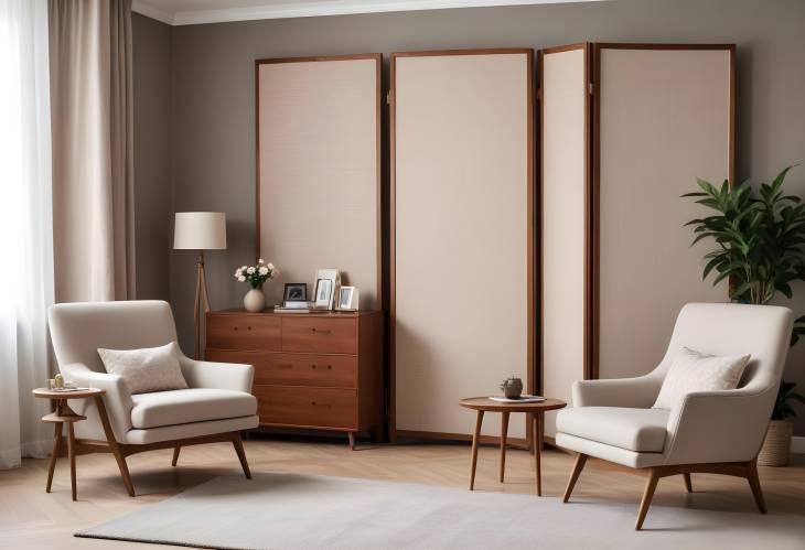 Stylish Living Room Featuring Folding Screen, Chest of Drawers, Armchairs, and Plush Carpet Modern