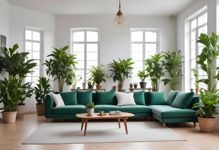 Stylish Living Room Interior with Green Houseplants and Modern Sofas Cozy and Elegant Design