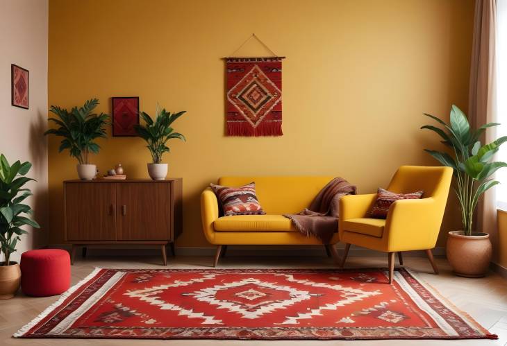 Stylish Living Room Interior with Kilim Rug, Red Armchair, and Wooden Sideboard  Cozy Home Decor