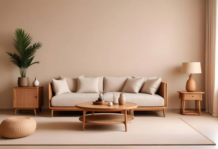 Stylish Living Room with Beige Sofa, Wooden Table, Rattan Sideboard, and Cozy Armchair