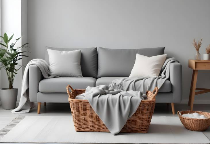 Stylish Living Room with Grey Sofa, Basket of Soft Blanket, and Bright Interior Design