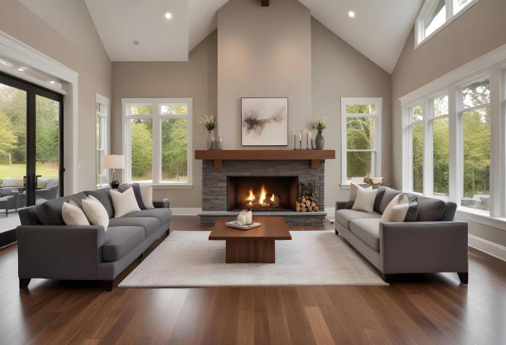 Stylish Living Room with Hardwood Floors and Roaring Fireplace in Luxury Residence