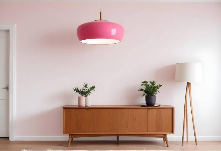 Stylish Living Room with Retro Pink Ceiling Lamp Wooden Sideboard and Blank Wall for Sofa Placement