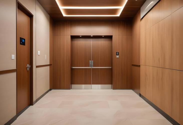 Stylish lobby of an apartment building with elevator and wooden accents