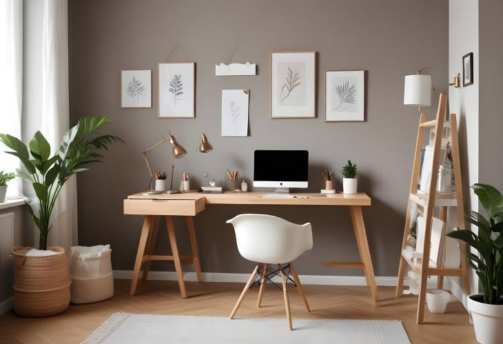 Stylish Modern Room with Designer Workplace Elegant Desk, Ergonomic Chair, and Cozy Home Office