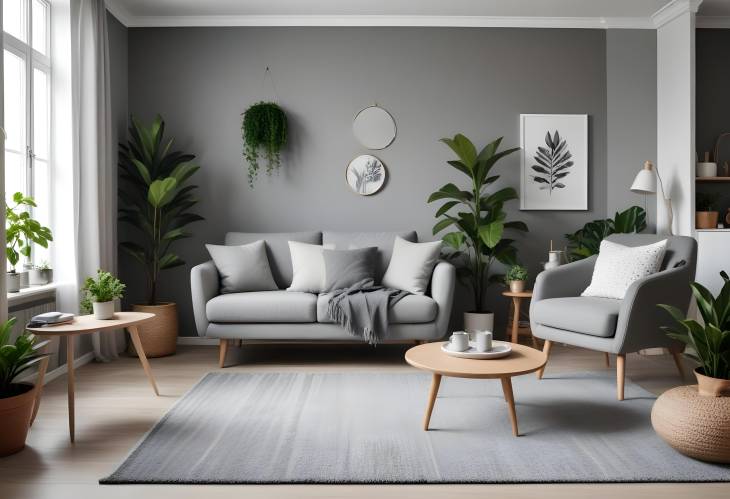 Stylish Modern Scandinavian Living Room with Grey Sofa, Armchair, Plants, Coffee Table, and Carpet