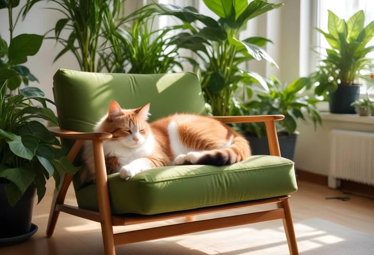 Stylish Multicolor Cat on Retro Armchair with Green Plants in Cozy Scandinavian Interior