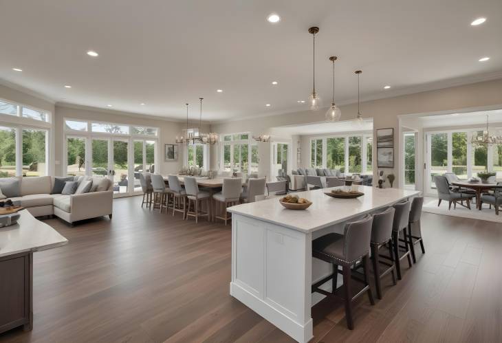 Stylish New Luxury Home Open Concept Living Room, Kitchen, and Dining Area with Elegant French Doors