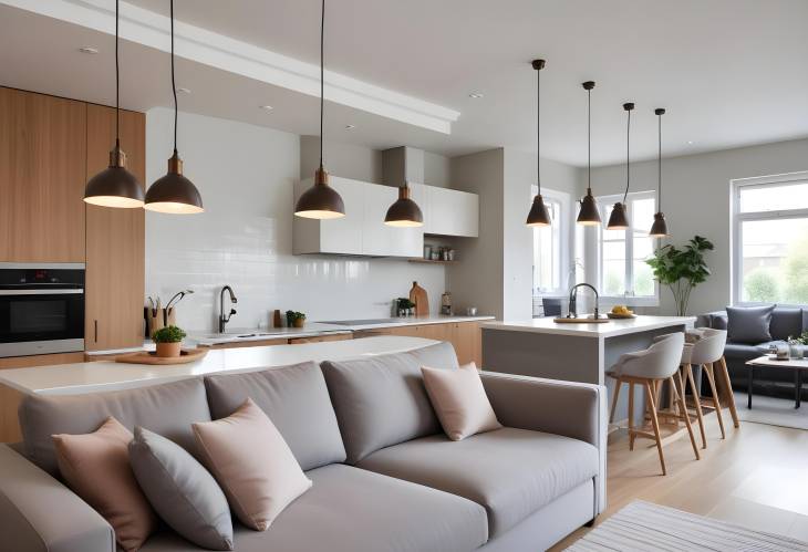 Stylish Pendant Lights in Modern Kitchen, Cushions on Sofa in Chic Living Room