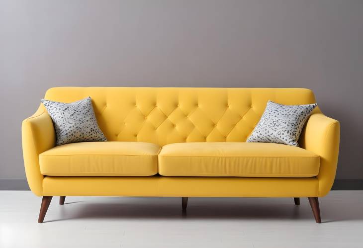 Stylish Retro Inspired Yellow Sofa with Wooden Legs, Isolated on White