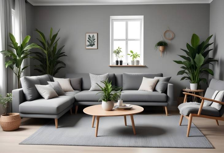 Stylish Scandinavian Living Room Grey Sofa, Armchair, Plants, Coffee Table, Carpet, and Personal