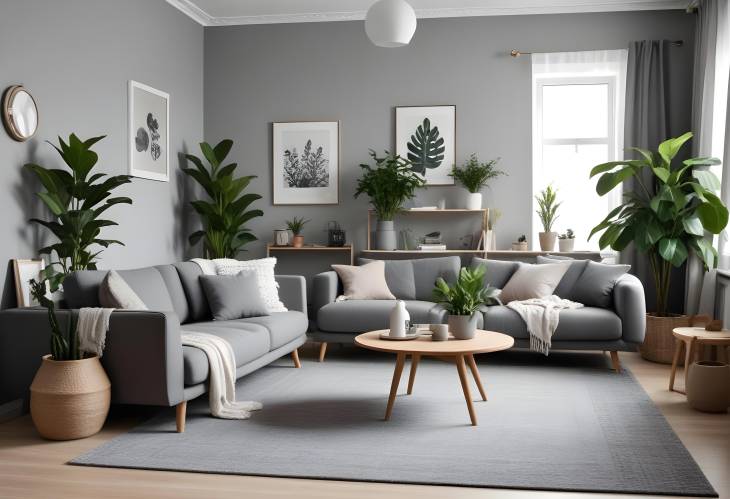 Stylish Scandinavian Living Room with Grey Sofa, Armchair, Houseplants, Coffee Table, and Carpet