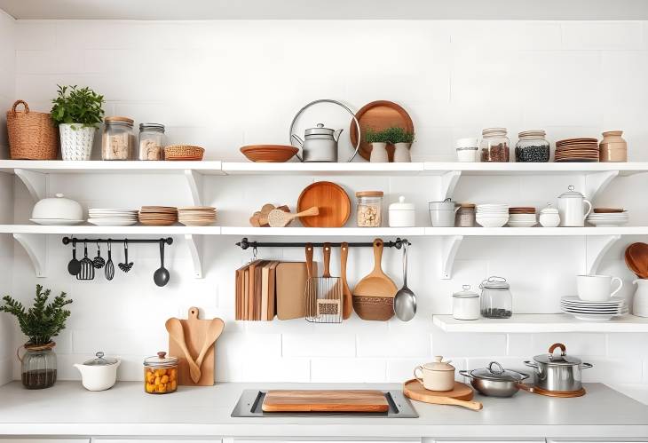 Stylish Simplicity Rustic White Shelves Filled with Kitchenware