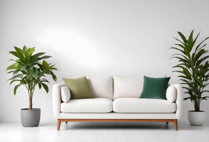 Stylish Sofa and Armchair with Green Plant on White Background, Front Angle