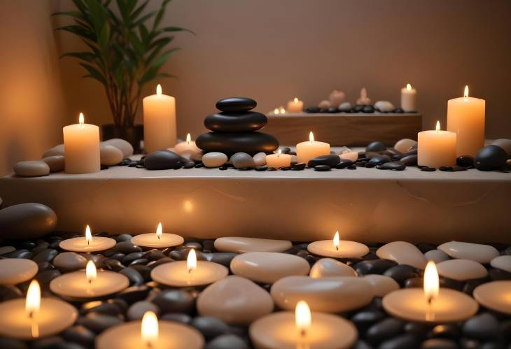 Stylish Spa Setting with Candles, Smooth Stones, and Essential Oils for a Relaxing Vibe