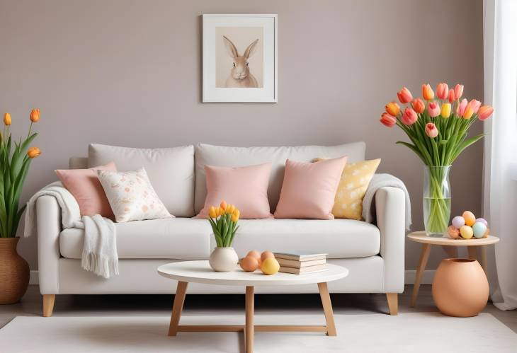 Stylish Spring Living Room with Design Sofa, Tulips Vase, Easter Decor, and Cozy Pillows  Home