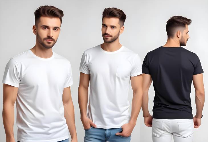 Stylish T Shirt Collage, Mans Front and Back Views on White Background, Design Mockup