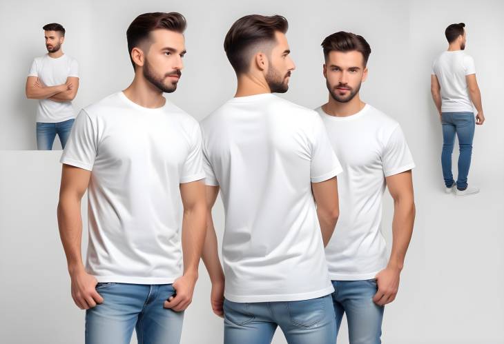 Stylish T Shirt Mockup with Mans Front and Back Views, Collage on White Background