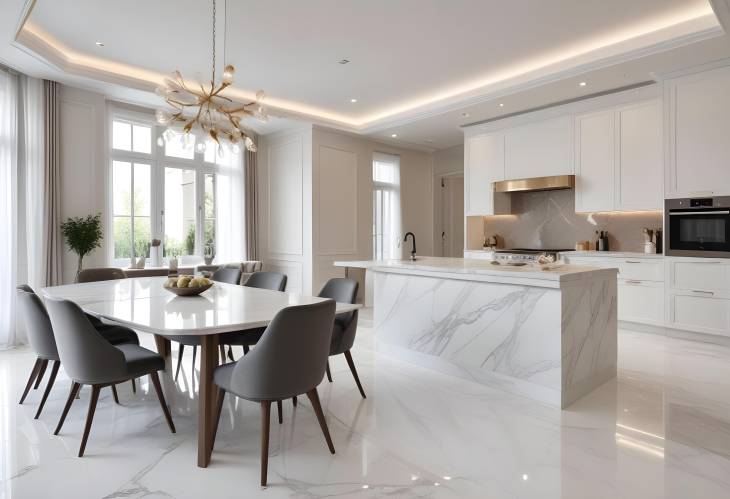 Stylish White Marble Kitchen with Open Dining and Living Space Modern Luxury Home Design