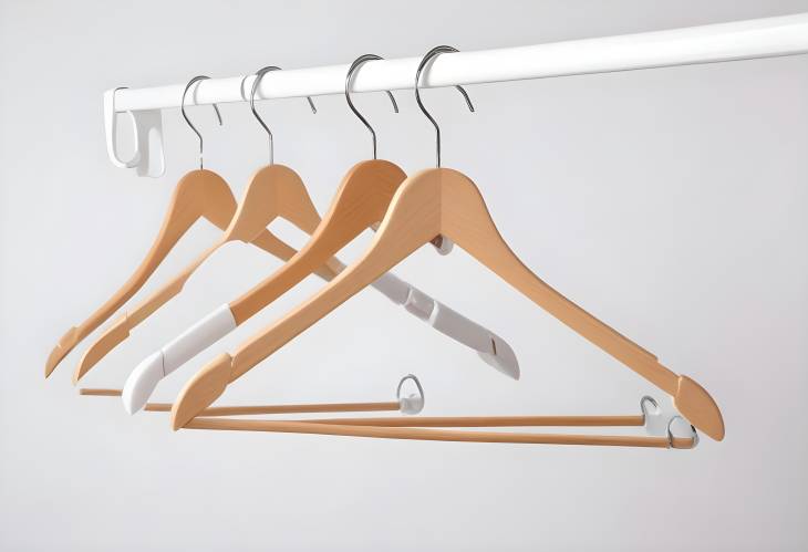 Stylish Wooden and Plastic Hangers with Hooks for Clothes, Isolated White