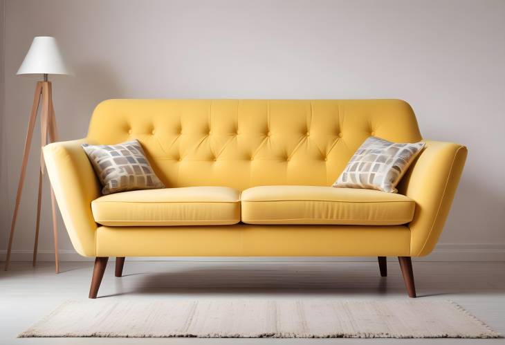 Stylish Yellow Sofa with Retro Wooden Legs, Isolated on White Background