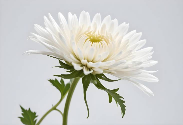 Subtle White Chrysanthemum Flower with Stem, Isolated on White Background