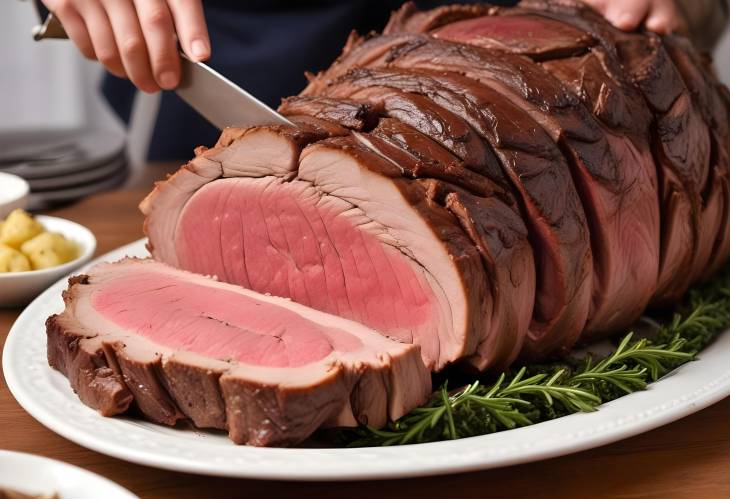 Succulent Prime Rib Roast CloseUp of a Chef Slicing Beef for Dinner Service