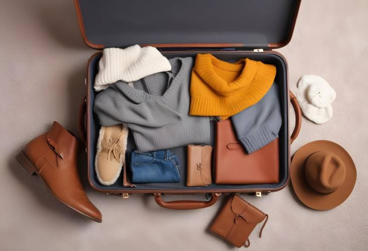 Suitcase open with winter clothes and travel gear on carpet, top view, ready for a winter adventure