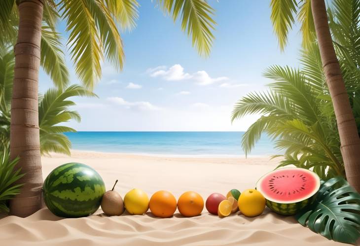 Summer Beach Front View with Sunshine, Fine Sand, Tropical Fruits Such as Watermelon, Coconut Tree,