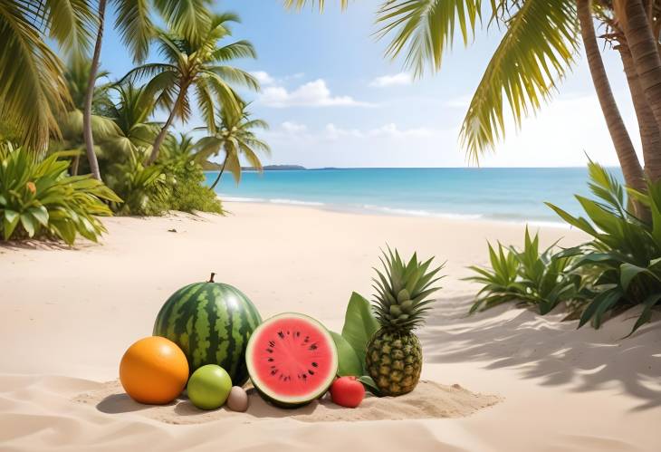 Summer Beach Front View with Sunshine, Fine Sand, Tropical Fruits Such as Watermelon, Coconut Tree,