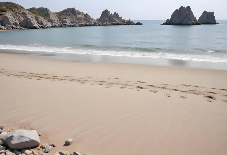 Summer Beach with Gray Rocks, Empty Sandy Shore, Calm Sea, Natural Backdrop, Ad Space Front View