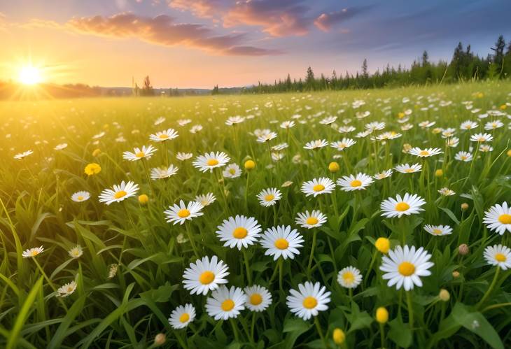 Summer Field with Daisies, Clovers, and Dandelions at Dawn