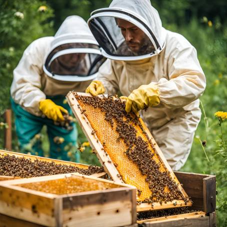 Summer Garden Apiary Beekeeper with Honeycomb Frame of Bees and Honey