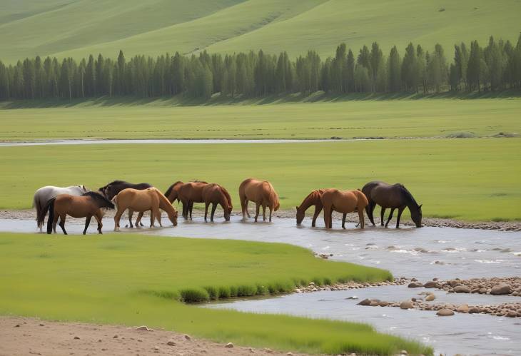 Summer Grazing Horses on Stream Banks in Dornod Province, Mongolia