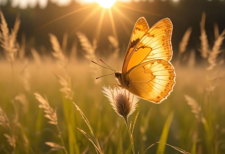 Summer Meadow with Golden Butterfly Glowing at Sunset