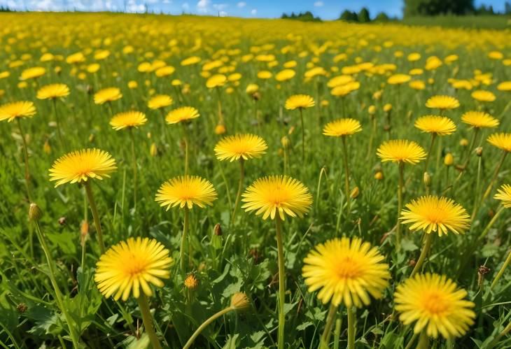 Summer Meadow with Yellow Dandelions and Blue Sky