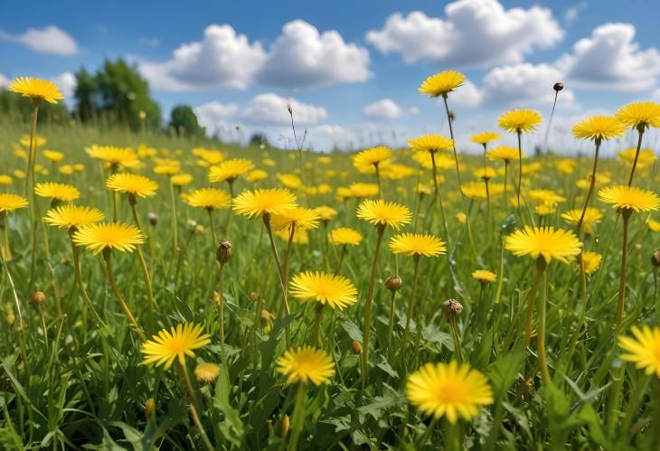 Summer Meadow with Yellow Dandelions and Blue Sky